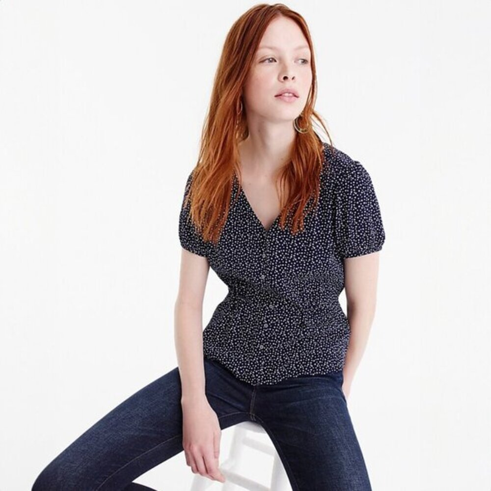 J. Crew Button Up Peplum Top in Navy Star Print - sz Small